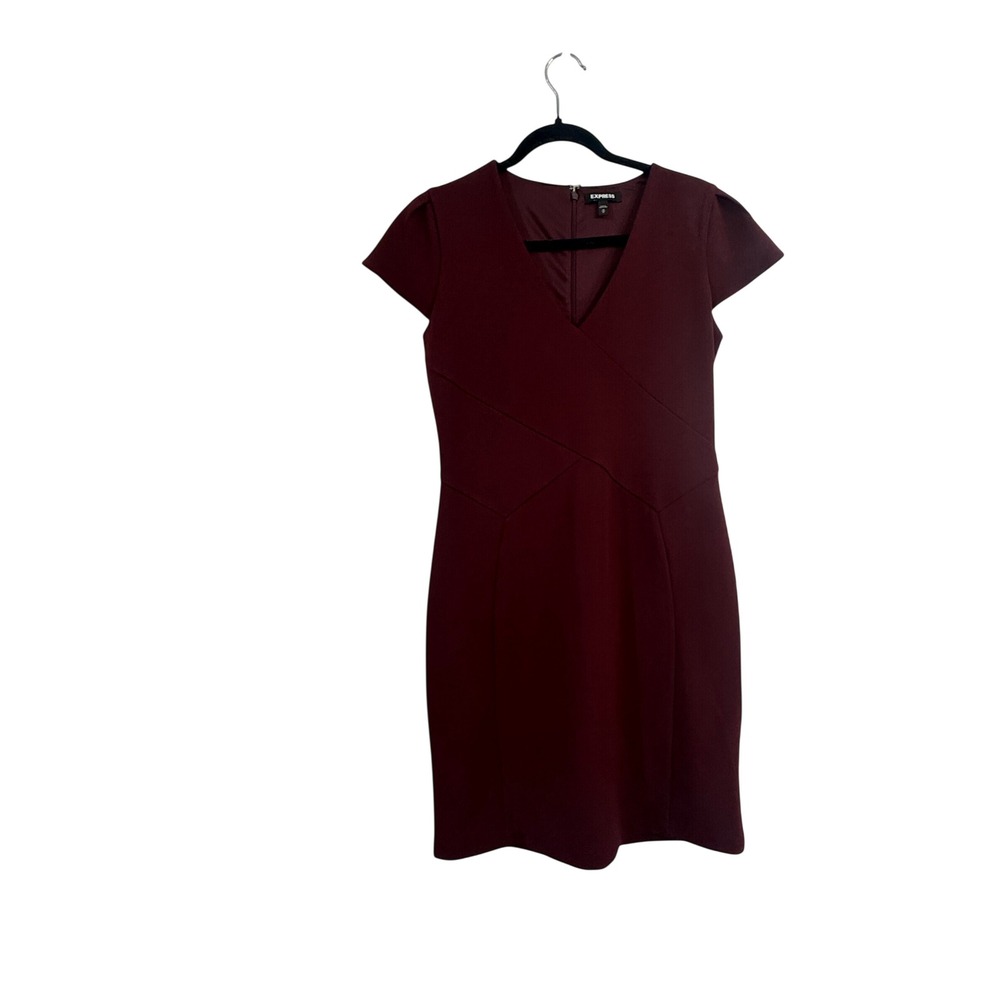 Express Womens M Burgundy Sheath Dress V Neck Ruched Waist Career Work Midi